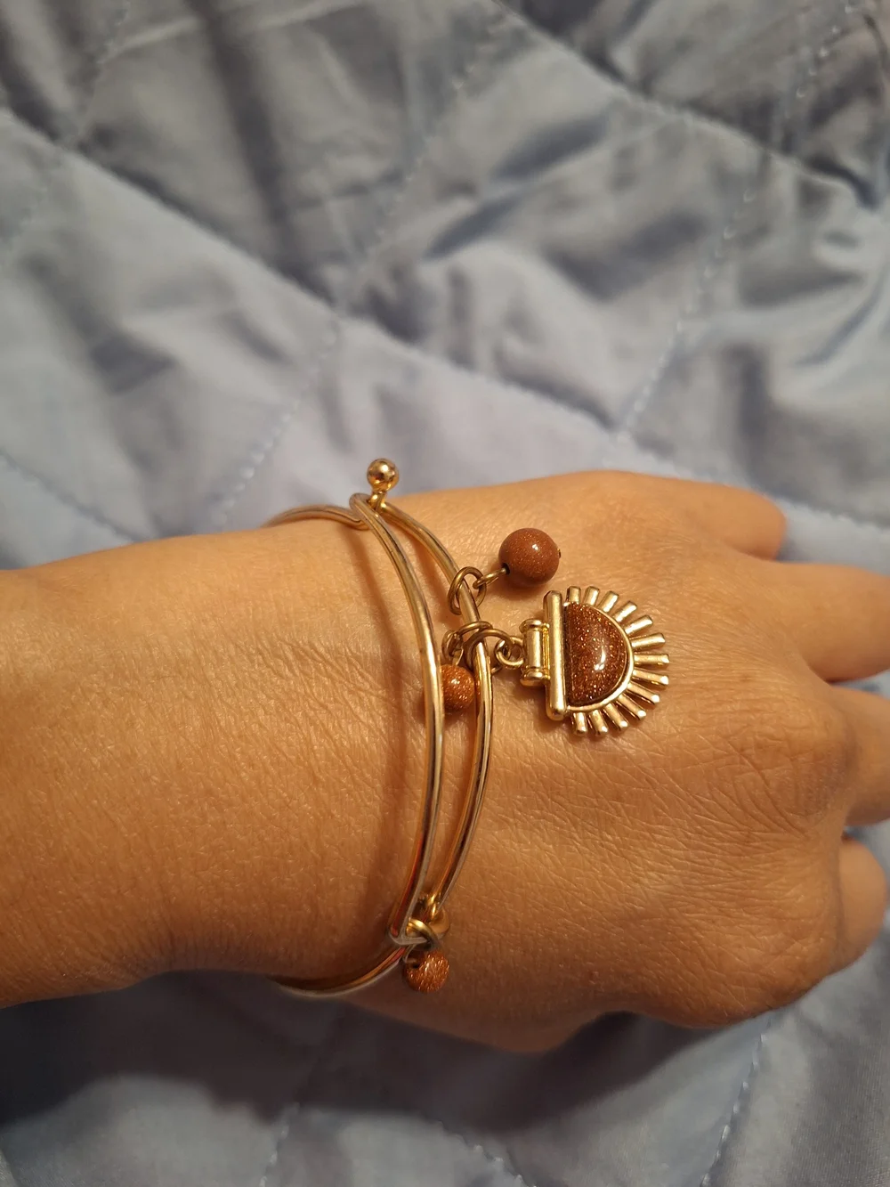 Gold Sand Stone Sunburst Charm Bangle Bracelet - Women's Jewelry